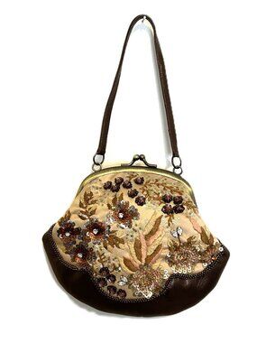 Vintage Pat Vini American Bronze Lamb Skin and Fabric Handbag W/Swarovski